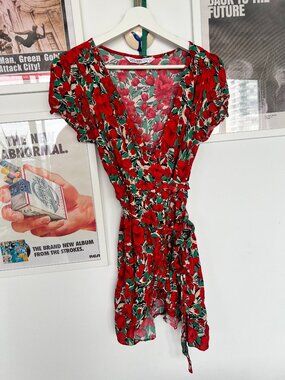 ZARA Floral Wrap Mini Dress - Red/Green Summer Bloom